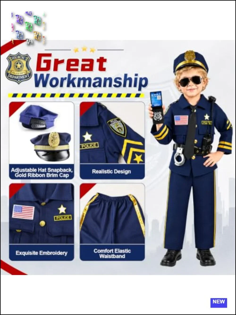 12pc Boys Police Officer Costume Set Halloween Pretend Play Role Play Uniform